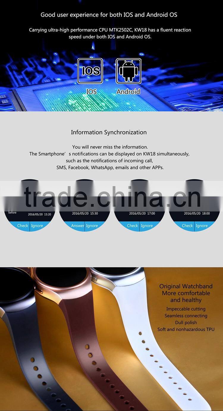 EXCELVAN Smart Watch KW18 SIM Watch MTK2502C Pedometer Heart Rate Monitor Touch Screen Smartwatch for iOS Android Smartphone