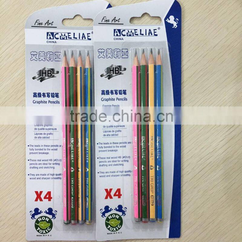 7" standard size soft wood triangular shape color striped HB pencil set in blister card