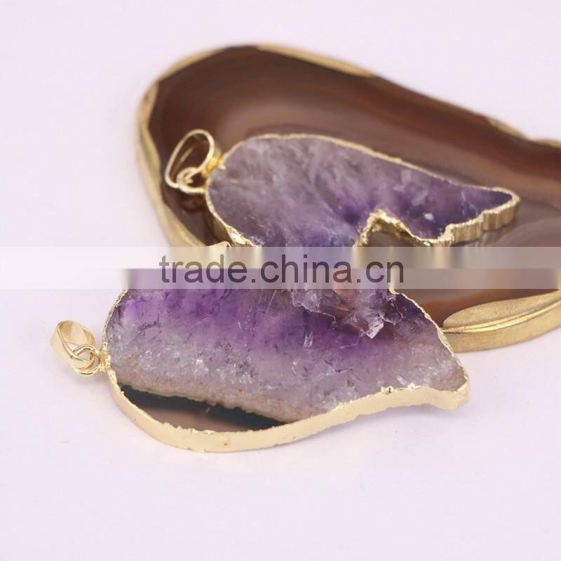 Natural Amethyst Pendant, Wings shape Gold Plated Edged Drusy Amethyst Gem stone Pendant, Druzy Pendant