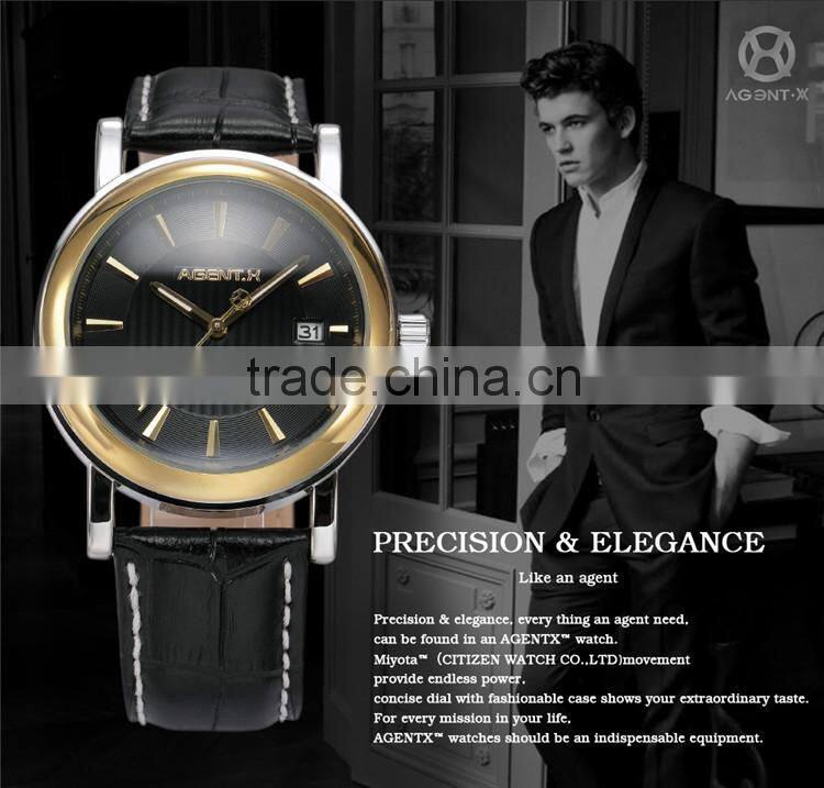 Golden Steel Case Black Dial Reloje Date Display Quartz Analog Leather Band Men Watch