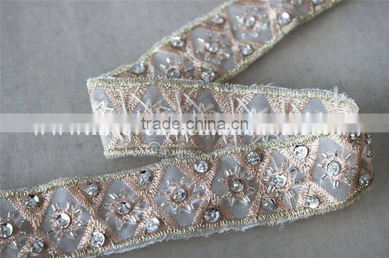 2.5cm beaded organza embroidery lace trim with cup sequins in rose gold