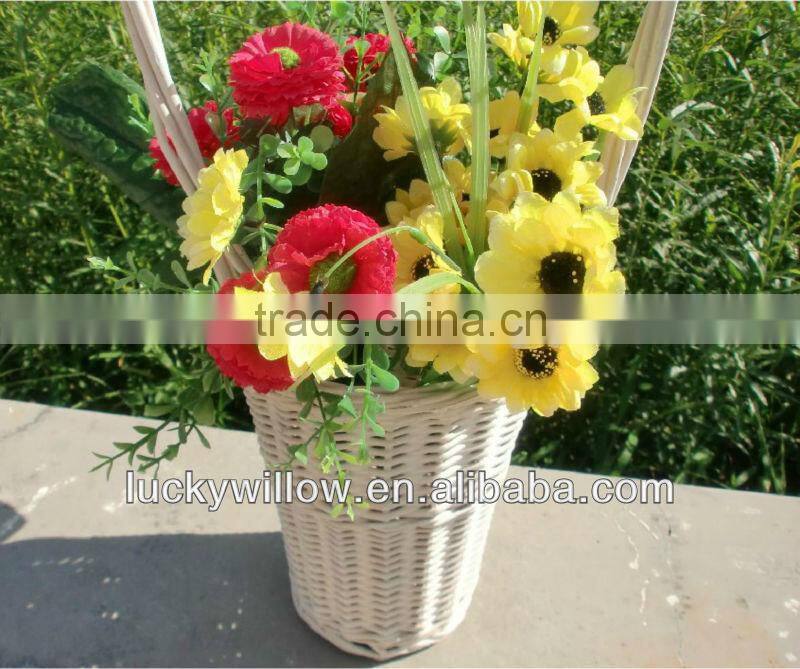 Driect supplier white wicker flower basket with high handle