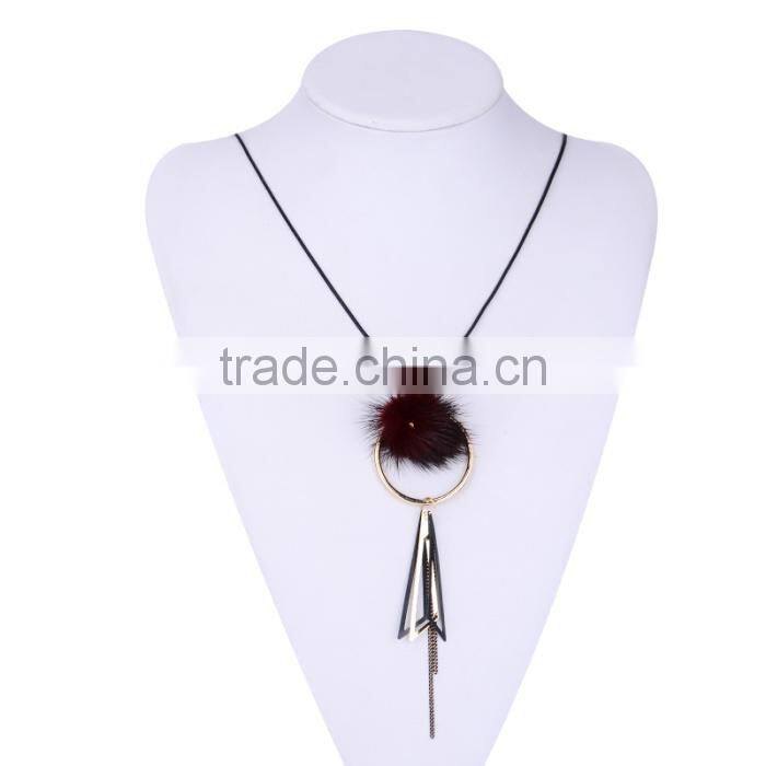 mink fur ball hoop triangle pendant necklace hot selling geometric necklace