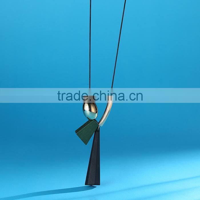 geometric wood bead pendant necklace gold curved tube bead black chain necklace geomotric rubber pendant long sweater necklace