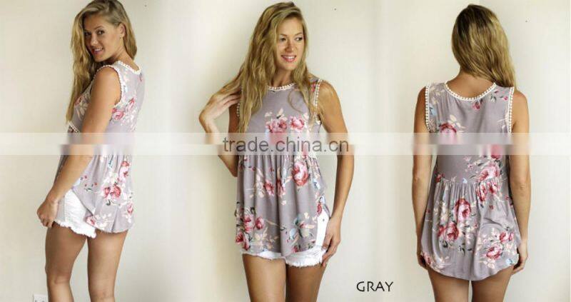 wholesale sublimation products 95% Rayon 5% Spandex Lightweight Floral Sleeveless Babydoll Tank Women Summer Blouses