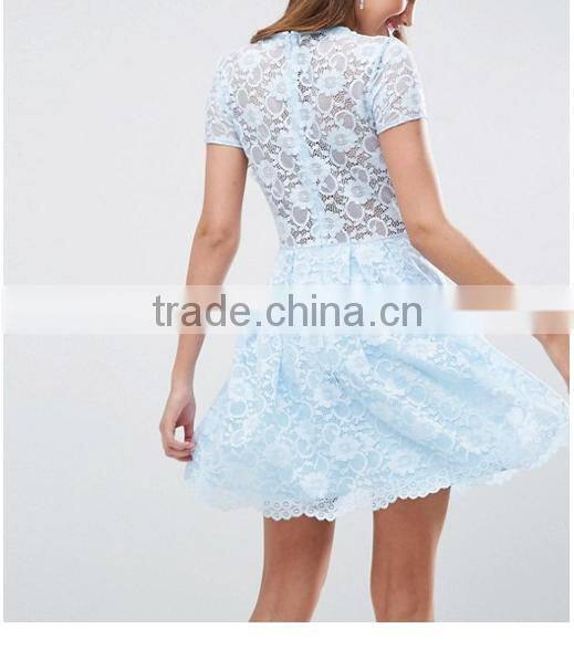 Guangzhou clothing OEM Blue Pleated Skirt Lace Mini T-Shirt Dress