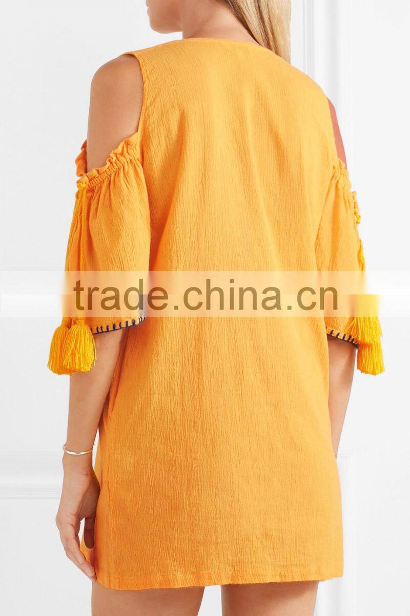 boho cold-shoulder flora embroidered crinkled cotton mini dress mexican western dresses names HSd5199