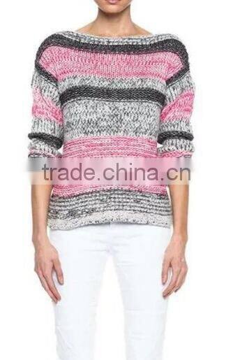 EY0866S ladies grey and pink striped pullover boat neck sweater knitting pattern