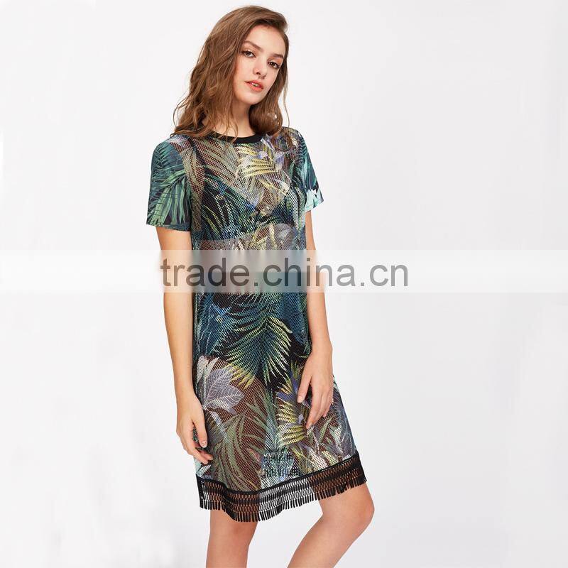 WOMEN sexy short shirt dress, printed and mesh design black dress