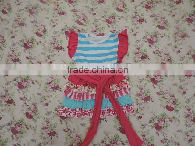 2017 Summer Kids Girls Beautiful Stripe Flutter Sleeves Top Floral Ruffle Clothes Have A Belt