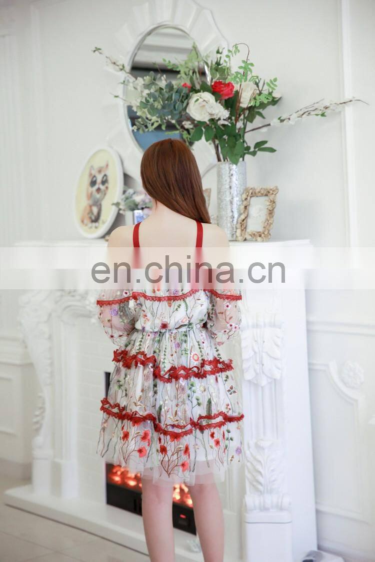 Latest Fashion Dress Designs Pretty Women Long Sleeve Floral Ruffle Casual Dresses with Cold Shoulder