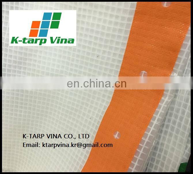 3.2x50m, Leno Transparent scaffolding with logo, Roll type, pre-punching holes, webbing reinforced band