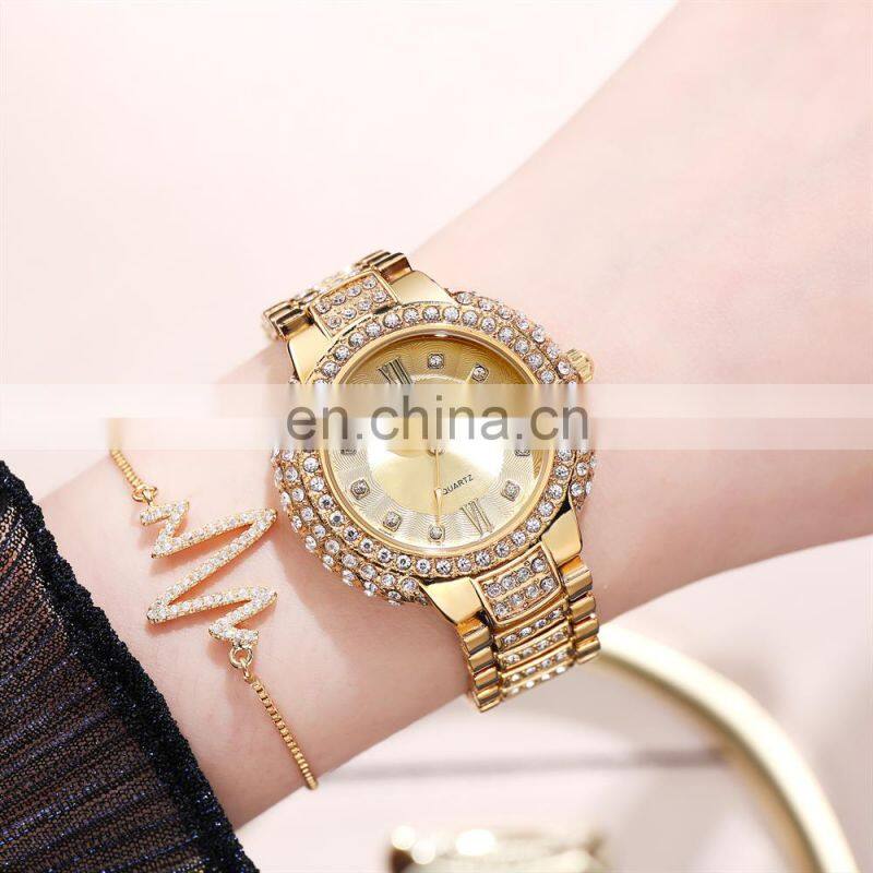 BW 8093 Iced Out Watches Women Gold Quartz Fashion Luxury Roman Font Waterproof Watch Jewelry