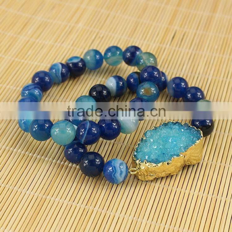 BRH1502 elastic bracelet, blue agate beaded blue druzy bracelet