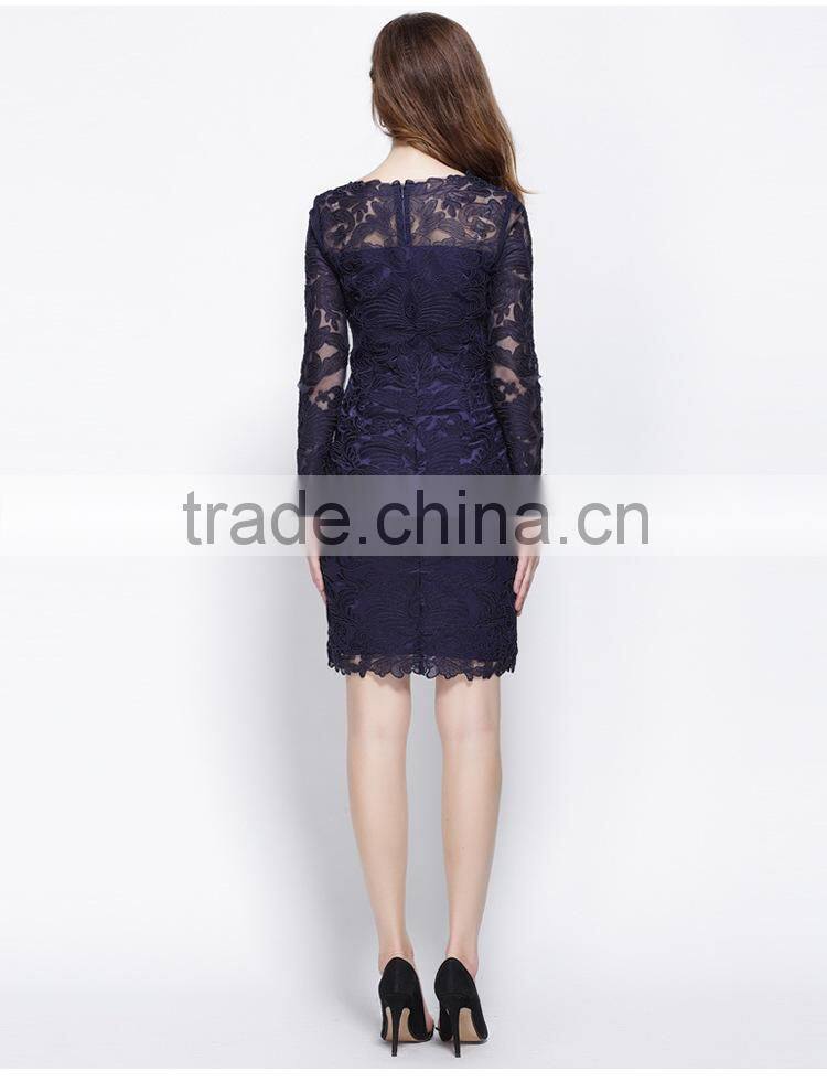2016 Long Sleeve Design Short Purple Crochet Lace Dress