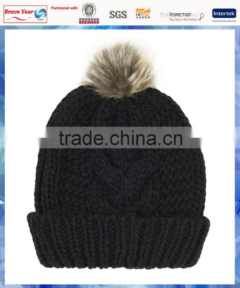 Black chunky cable knit hat/custom pom pom beanies/fur pom pom beanie