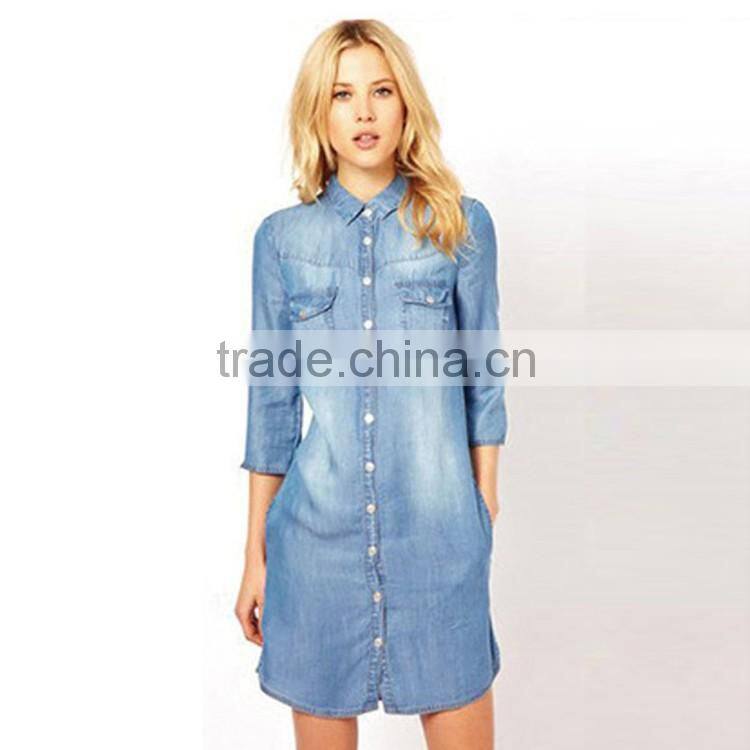 2016 Summer Fashion Ladies Snap Buttons Closure Denim Shirt Rolled Half Sleeve Slim Fit Casual Shirts For Women