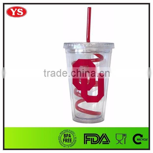 Promotion 16 ounce Clear double wall plastic straw cups with crazy straw