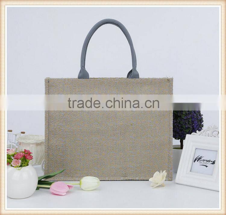2015 new design jute shopping bag with lace cover