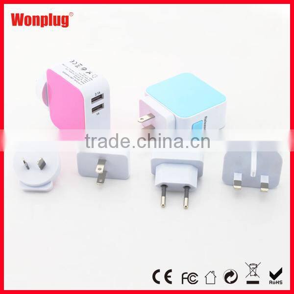 2 port USB multi use mobile phone home charger with 4 interchangeable EU US UK AU plug
