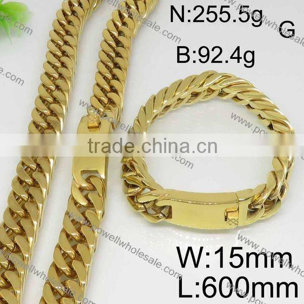 Hot classic stainless steel gold plated necklace and bracelet jewelry set