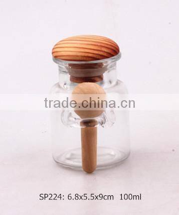 2015 popular glass spice jar with wood lid and wood spoon