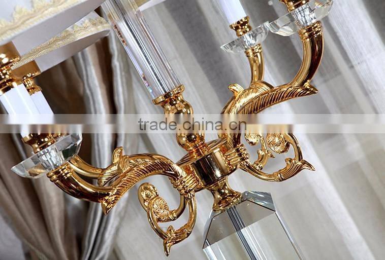Four heads golden plated metal clear K9 crystal floor lamp with white color lampshade