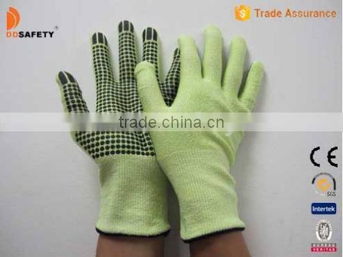 DDSAFETY 2017 Fluorescence Aramid Fibre Knitted Black PVC Dots On The Palm Cut Resistant Safety Gloves