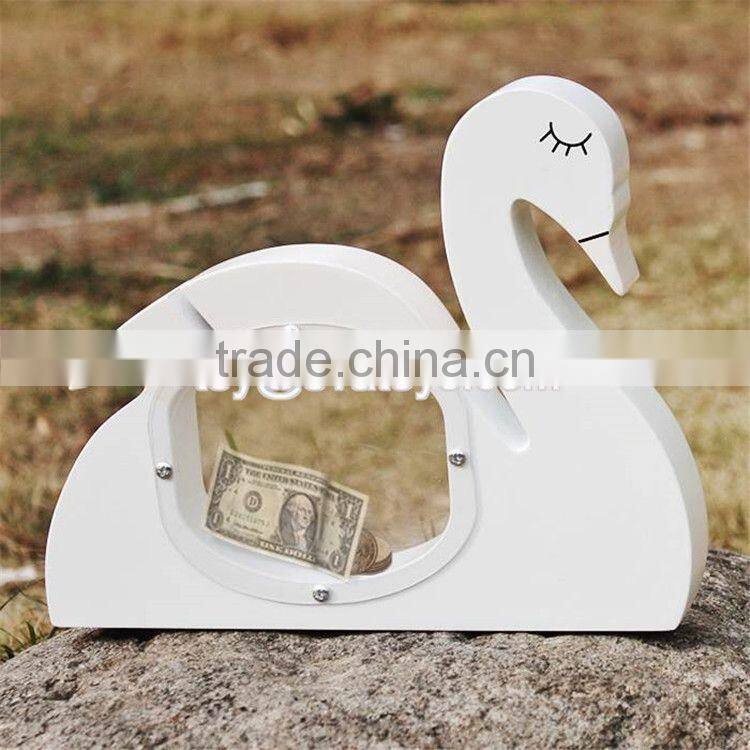 New design cute white swan shape wooden baby piggy banks W02A256
