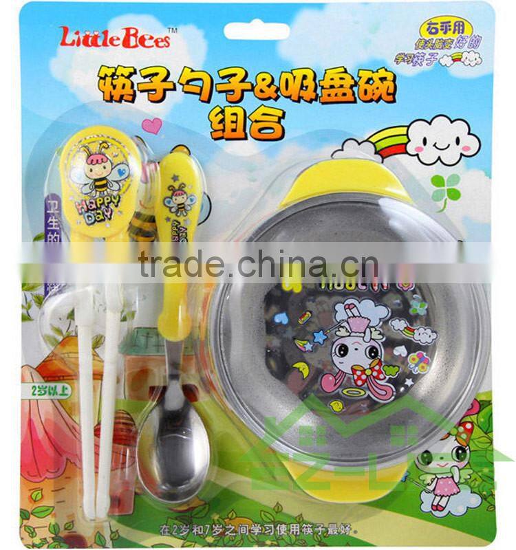 Stainless steel food feeding bowls with spoon and plastic chopsticks kids tableware set