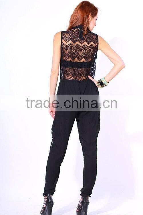 2014 new arrival Summer fashion Black Sheer Chiffon Lace Bow Tie Waist Button Up Party Jumpsuit OEM cheap