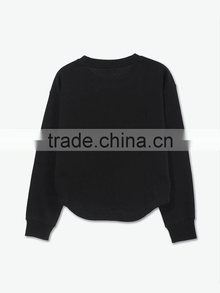 long sleeve pure color curved hem black pullover no hood blank sweatshirt crewneck women custom with two zips on the sleeve