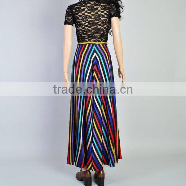 Fashion summer high waist rainbow color viscose chevron stripe maxi skirt