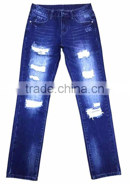 lady's ripped denim blue scratched jeans pants