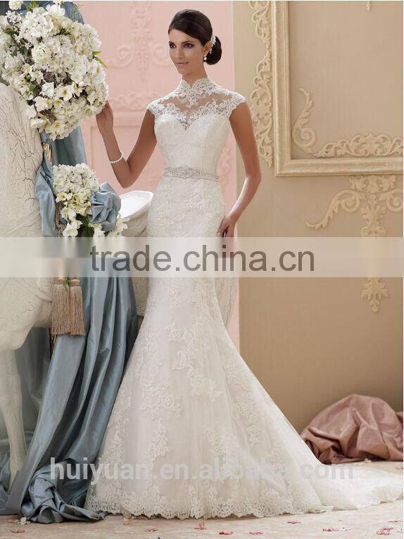 mermaid hollow cap sleeve lace wedding dress with high collar