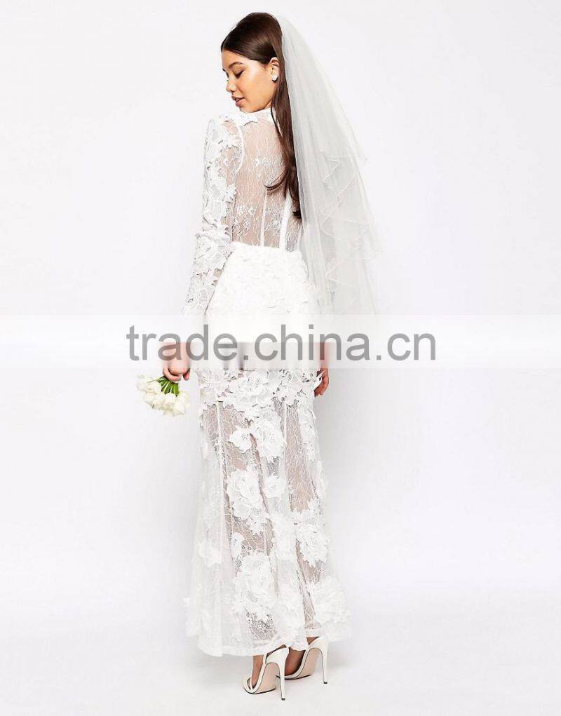 MGOO Lace 3D Floral Fishtail Maxi Dress Crew Neck Long Sleeves Embroidered Wedding Dress Bridal Grown