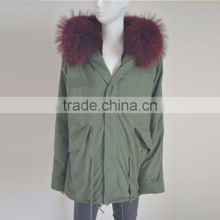 Myfur Latest Purplish Red Real Raccoon Fur Hood Faux Fur Lining Parka Wholesale