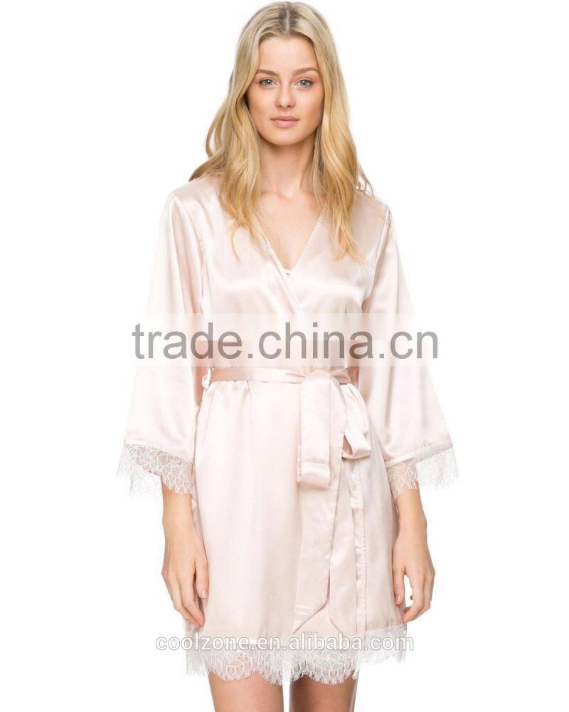 Fashion wrap front long sleeves robe relaxed fit silk robe with belt