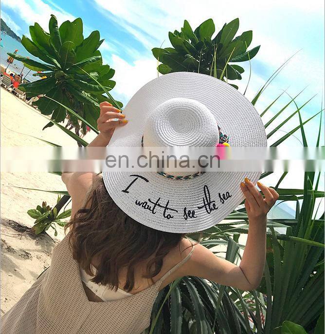 Letters Embroid Frenulum Of Hair Bulb Large Eaves Straw Hat Vogue Sunshade Sandbeach Hat