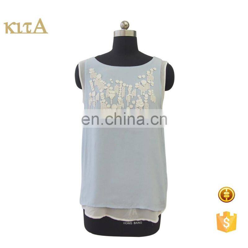 Summer ladies fashion high quality sleeveless blue chiffon blouse