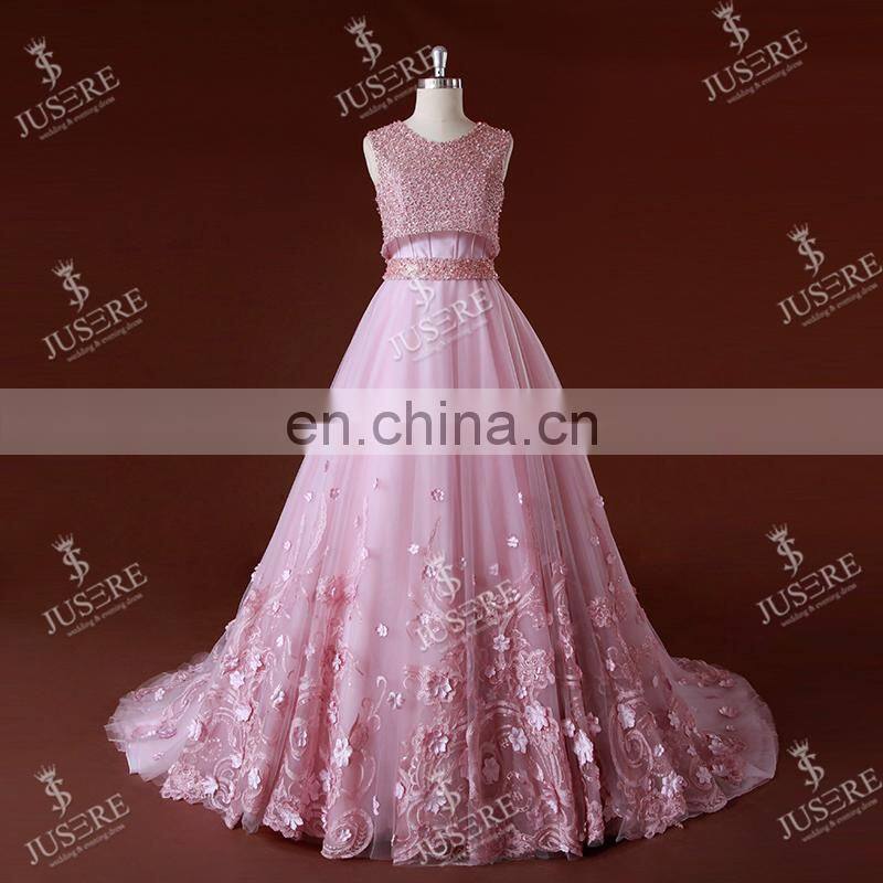 Stylish Sleeveless Flowers Lace Appliqued Beaded Low-Cut Back Ball Gown Pink Patterns Of Lace Evening Dresses In Istanbul 2016