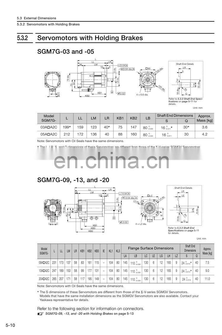 YASKAWA 5.5kw servo motor SGM7G-55A7C6C for cnc motion control system