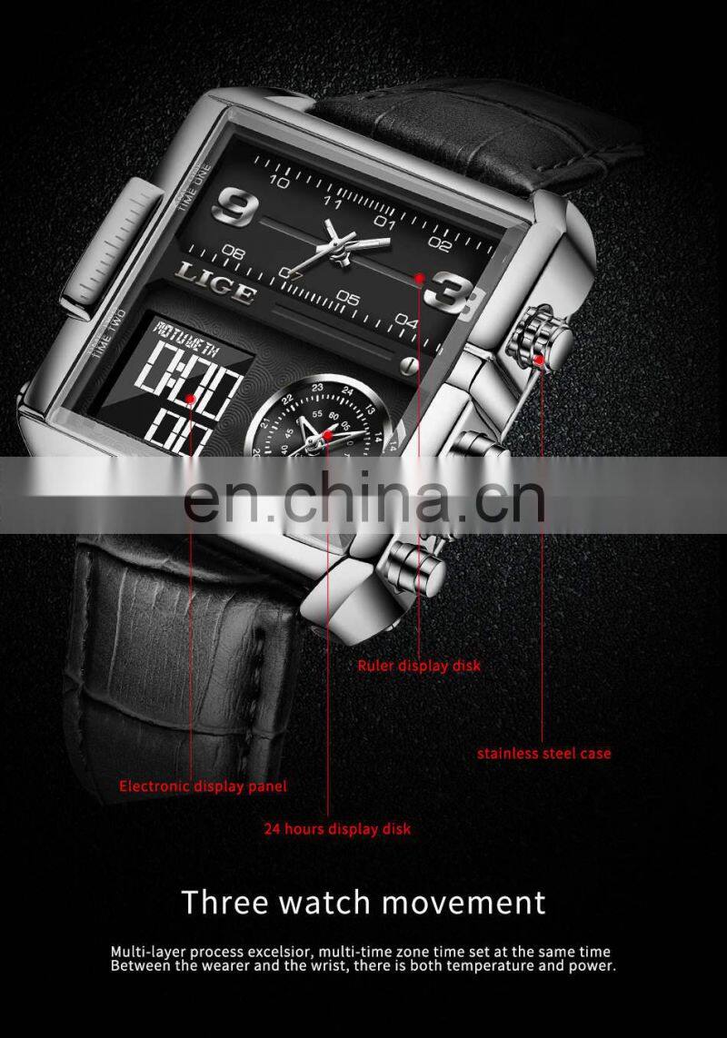 LIGE 8925 Mens Watches Square Digital Sports Quartz Wrist Watch for Men Waterproof wrist watches hands