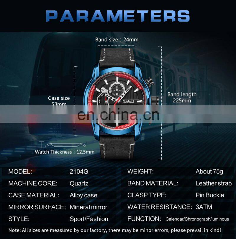 Megir 2104G Brands Quartz Watches for Mens Waterproof Clock Luxury Leather Wrist Watches Men