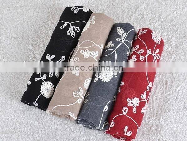 Winter Spring Fashion Long Cotton Flower Machine Embroidery Scarf