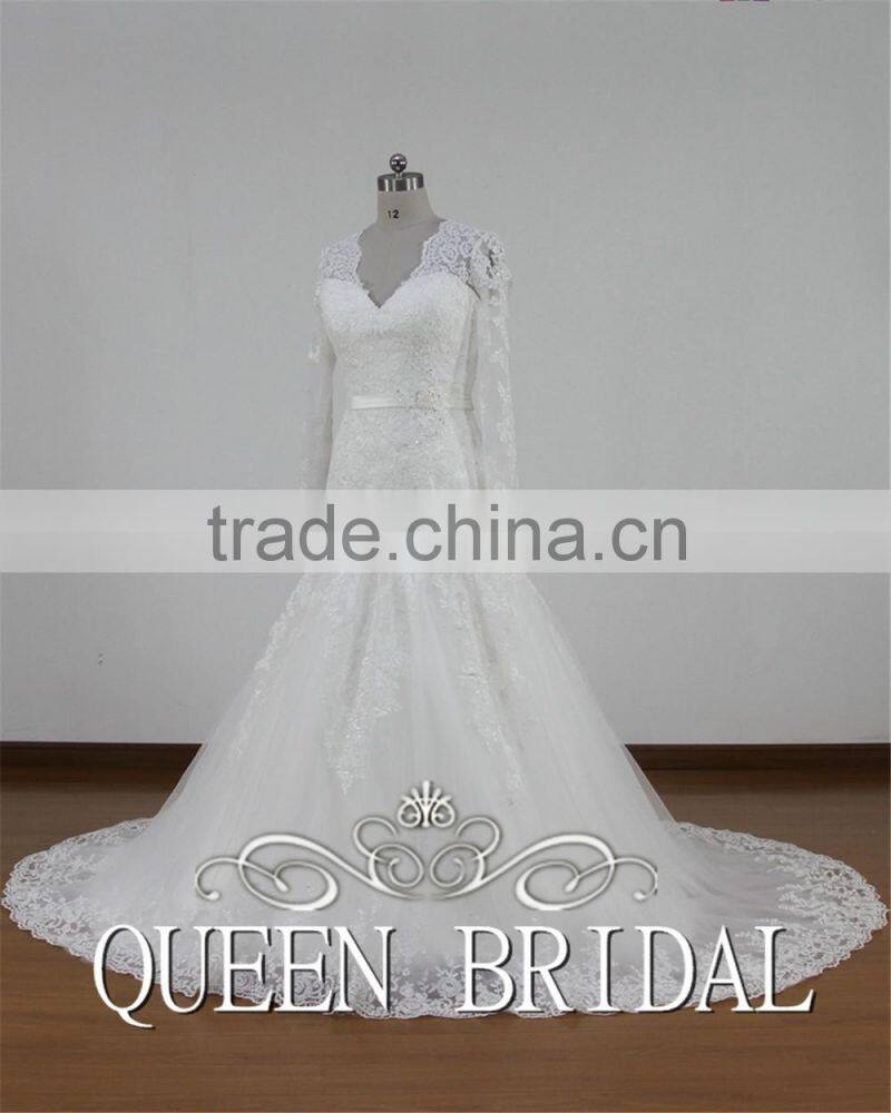 Real Sample Appliqued Lace Long Sleeve Mermaid Islamic Wedding Dress Patterns