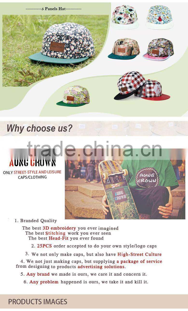 Promotional custom own printed pattern camo pattern 5 panel hats wholesale