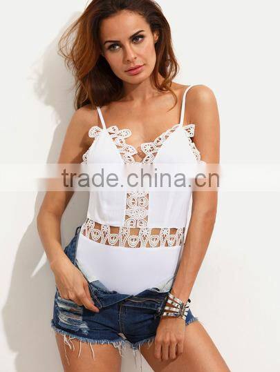 Bodysuits latest fashion design women clothing White Spaghetti Strap V Back Crochet Bodysuit