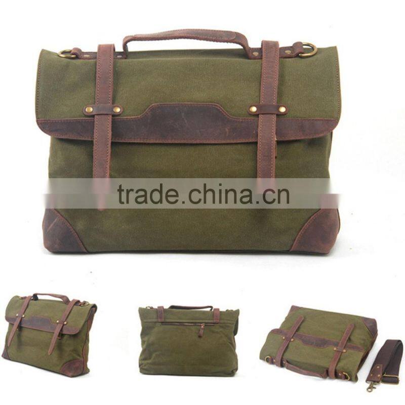 Durable Multi-purpose Waxed Canvas Vertical Men Leather Briefcase Bag Wholesale