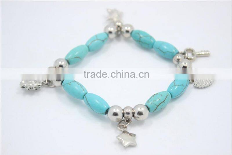 Chuncky Tribal Stretch Bracelet in Turquoise &Silver Shell Key Star Antique Silver Charm Bohemian Gypsy Bracelet